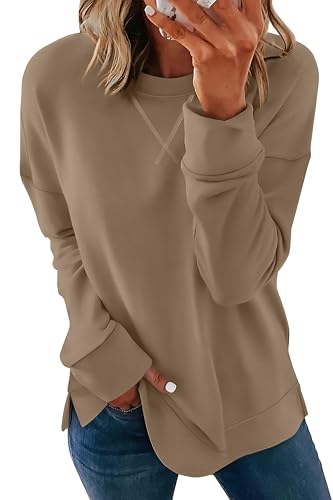 Womens Casual Loose Fit Sweatshirt Trendy Tops Crewneck Side Split Long Sleeve Shirts Coffee