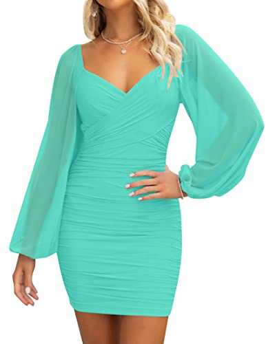 Christmas Party Dress - ZESICA Womens Sexy V Neck Ruched Bodycon Mini Dress Puff Long Sleeve Cocktail Wedding Party Short Dresses Mint