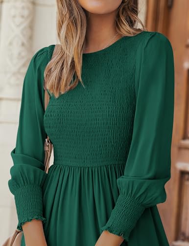 Christmas Green Dress - ZESICA Womens 2024 Casual Long Sleeve Crew Neck High Waist Smocked Flowy Tiered Midi Dress