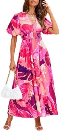 Easter Dress Women - Sissyaki Women's Boho Floral Midi Dress Smocked Beach Flowy Dress 1#abstract Purple Pink