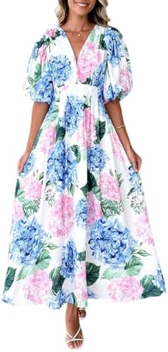 Easter Dress Women - Sissyaki Women's Boho Floral Midi Dress Smocked Beach Flowy Dress 1#hydrangea Pink Blue Print