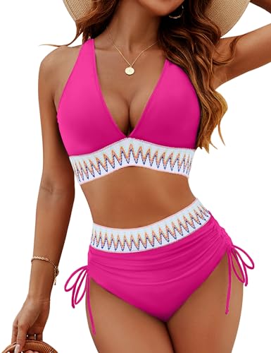 Blooming Jelly - Bikini Sets Tummy Control Swimsuits Color Block Two Piece Drawstring Bathing Suit Hot Pink- New