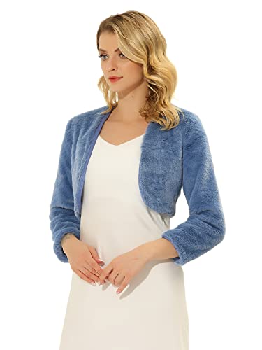 Hot Pink Fur Coat - Allegra K Womens Christmas Cropped Jacket Evening Open Front Bolero Faux Fur Shrug Dusty Blue