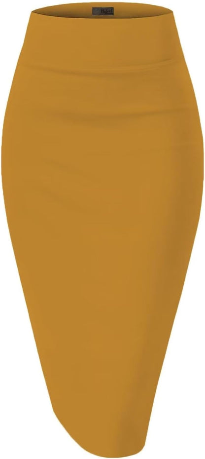 Women's High Waist Pencil Skirt - Premium Stretch Ponte Business Professional Below Knee 1073t-mustard