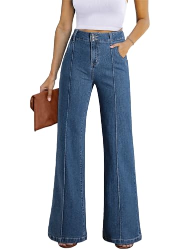 Celine Jeans - Womens Wide Leg Jeans Casual Baggy High Waisted Stretch Denim Pants Bluing