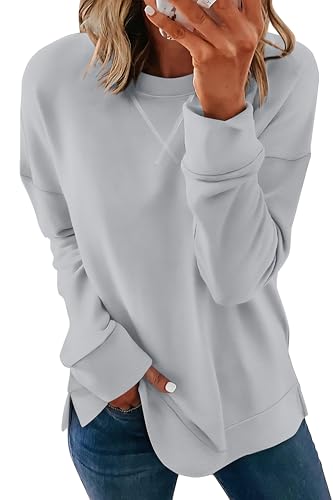 Womens Casual Loose Fit Sweatshirt Trendy Tops Crewneck Side Split Long Sleeve Shirts Gray