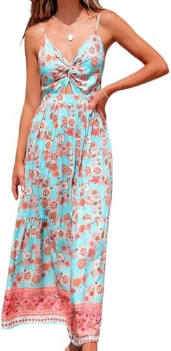 Sundresses - CUPSHE Women's Maxi Dress Floral Print Twisted V Neck Sleeveless Long Dress Summer Casual Dress Mint Floral
