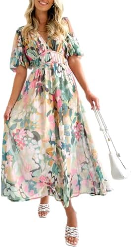 Easter Dress Women - Sissyaki Women's Boho Floral Midi Dress Smocked Beach Flowy Dress 1#multi Green-print