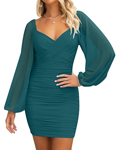 Christmas Party Dress - ZESICA Womens Sexy V Neck Ruched Bodycon Mini Dress Puff Long Sleeve Cocktail Wedding Party Short Dresses Teal