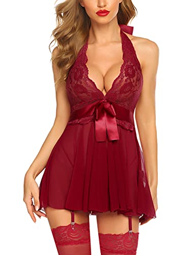Christmas Costume - Avidlove Lingerie for Women Lace Babydoll Chemise Halter V Sexy Sleepwear with Garter Belt Dark Red