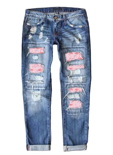 American Flag Pants - Astylish Womens Plaid Patch Ripped Boyfriend Distressed Stretch Skinny Denim Jeans with Hole B10 Blue