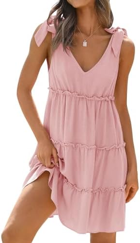 Sundresses - ZESICA Womens Summer Casual V Neck Sleeveless Mini Dress Tie Shoulder Tiered Ruffle Swing A Line Short Sundresses Pink
