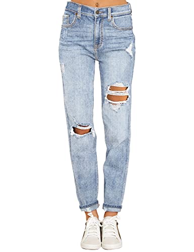 Mom Jeans - luvamia Boyfriend Jeans for Women Stretch High Waisted Ripped Distressed Mom Jeans Slim Denim Pants A1 Roadknight Blue