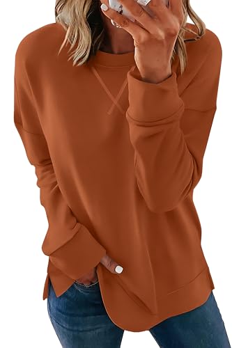 Womens Casual Loose Fit Sweatshirt Trendy Tops Crewneck Side Split Long Sleeve Shirts Caramel