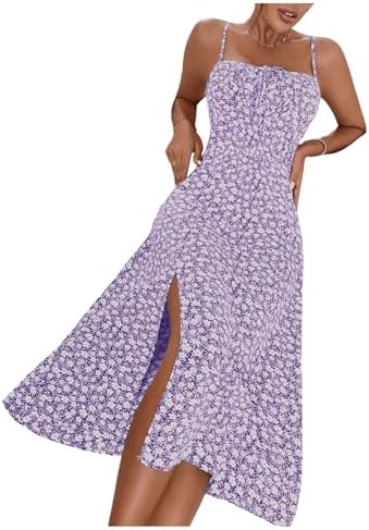 Sundresses - Floerns Women's Summer Split Thigh Spaghetti Strap Cami Midi Floral Dress Purple and White