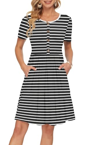 Vanya Maxi Dress in Zebra - Women's Short Sleeve Summer Dress Pleated Button Down Knee Length Dresses with Pockets 2025 Modern White Stripes Black