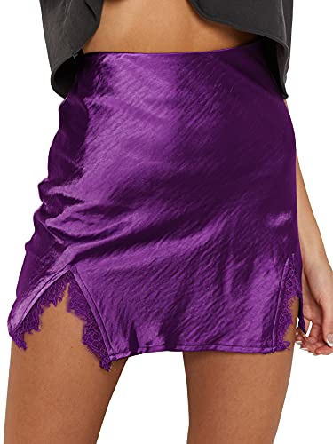 Cream Satin Skirt Outfit - LYANER Womens Satin Lace Trim Split Slit Hem Zipper High Wasit Mini Short Skirt Deep Purple