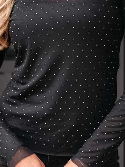 Rhinestone Embellished Mesh Long Sleeve Top
