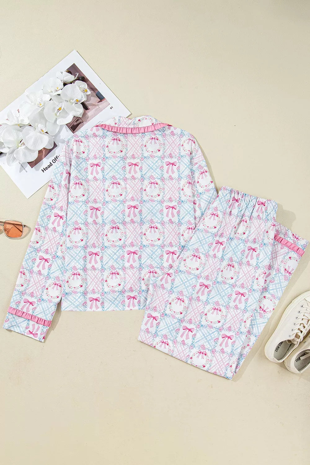 Wreath Pattern Christmas Tied Front Long Sleeve 2pcs Pajama Set