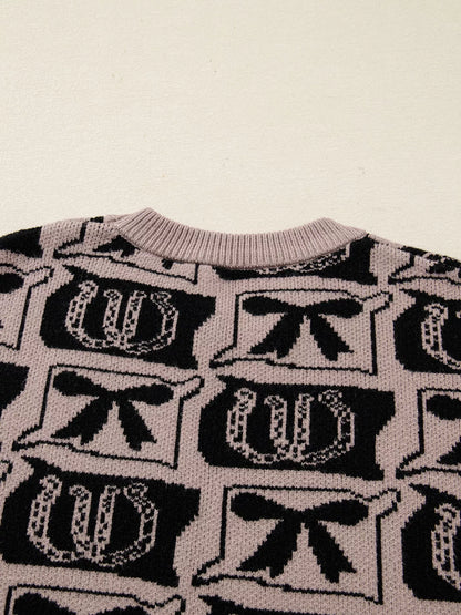 Bows & Horseshoes Pattern Round Neck Sweater