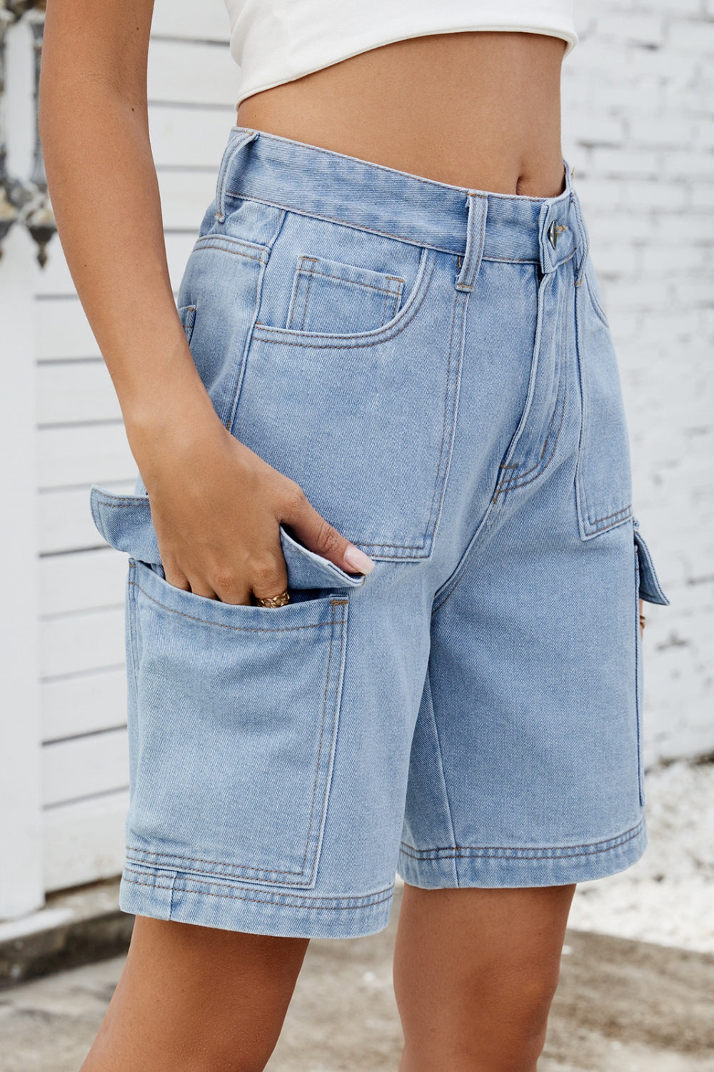 High Rise Denim Shorts with Cargo Pockets Medium
