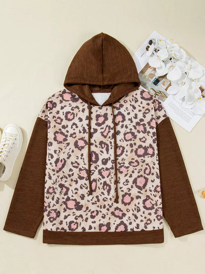 Plus Size Leopard Long Sleeve Drawstring Hoodie