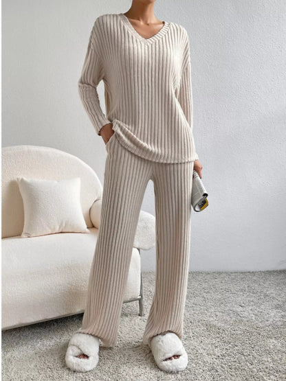 Ribbed Knit Long Sleeve Top and Pants Set Apricot