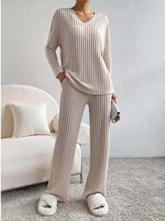 Ribbed Knit Long Sleeve Top and Pants Set Apricot