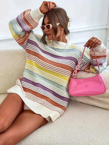 Rainbow Striped Drop Shoulder Oversized Sweater