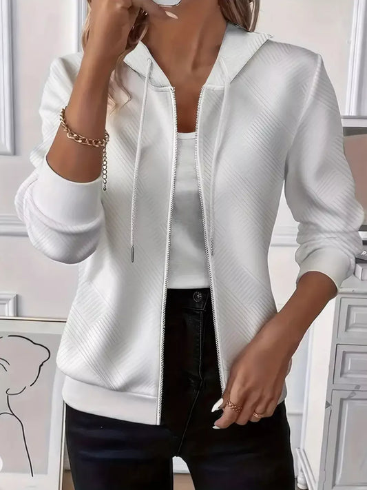 Texture Zip-Up Hoodie with Drawstring White