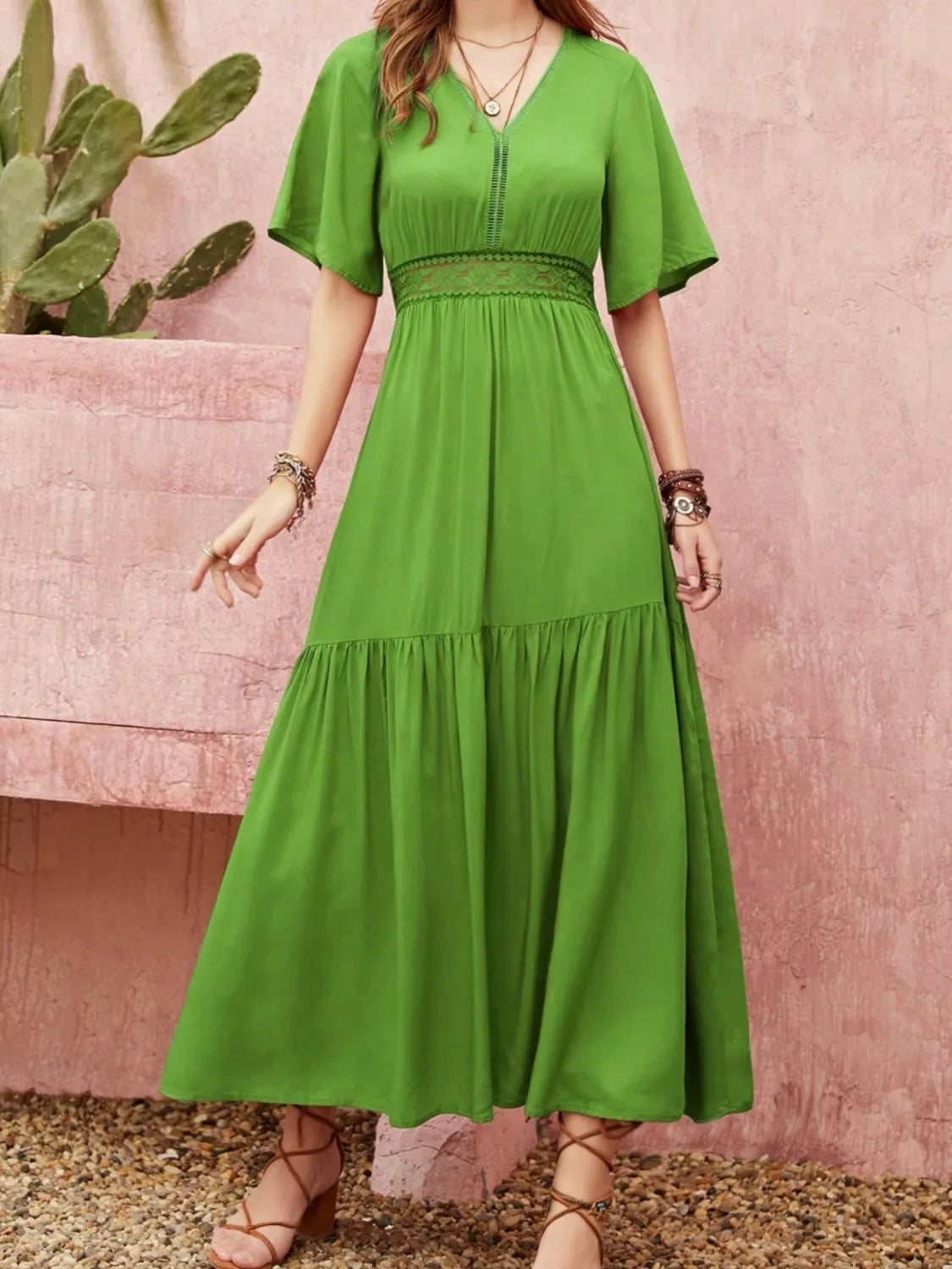 Lace Detail V-Neck Short Sleeve Dress