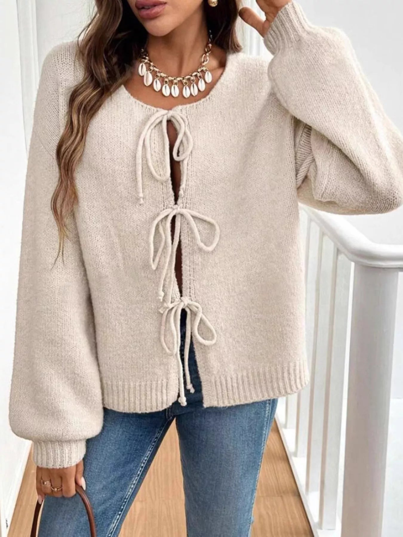 Tie-Front Long Sleeve Cardigan Apricot