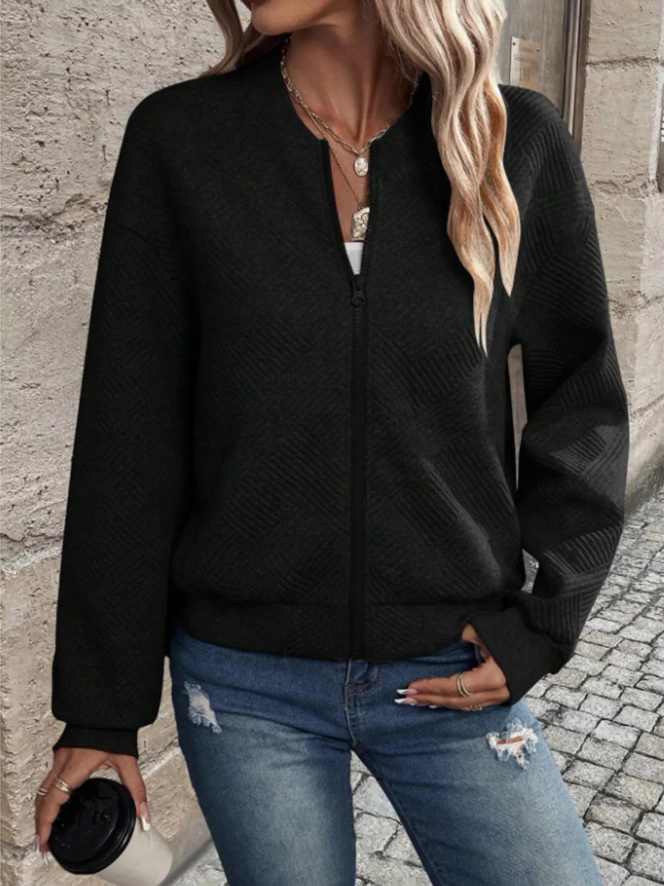 Textured Knit Zip-Up Bomber Jacket