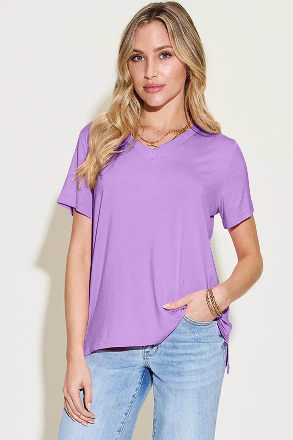 Basic Bae Bamboo Full Size V-Neck High-Low T-Shirt Lavender