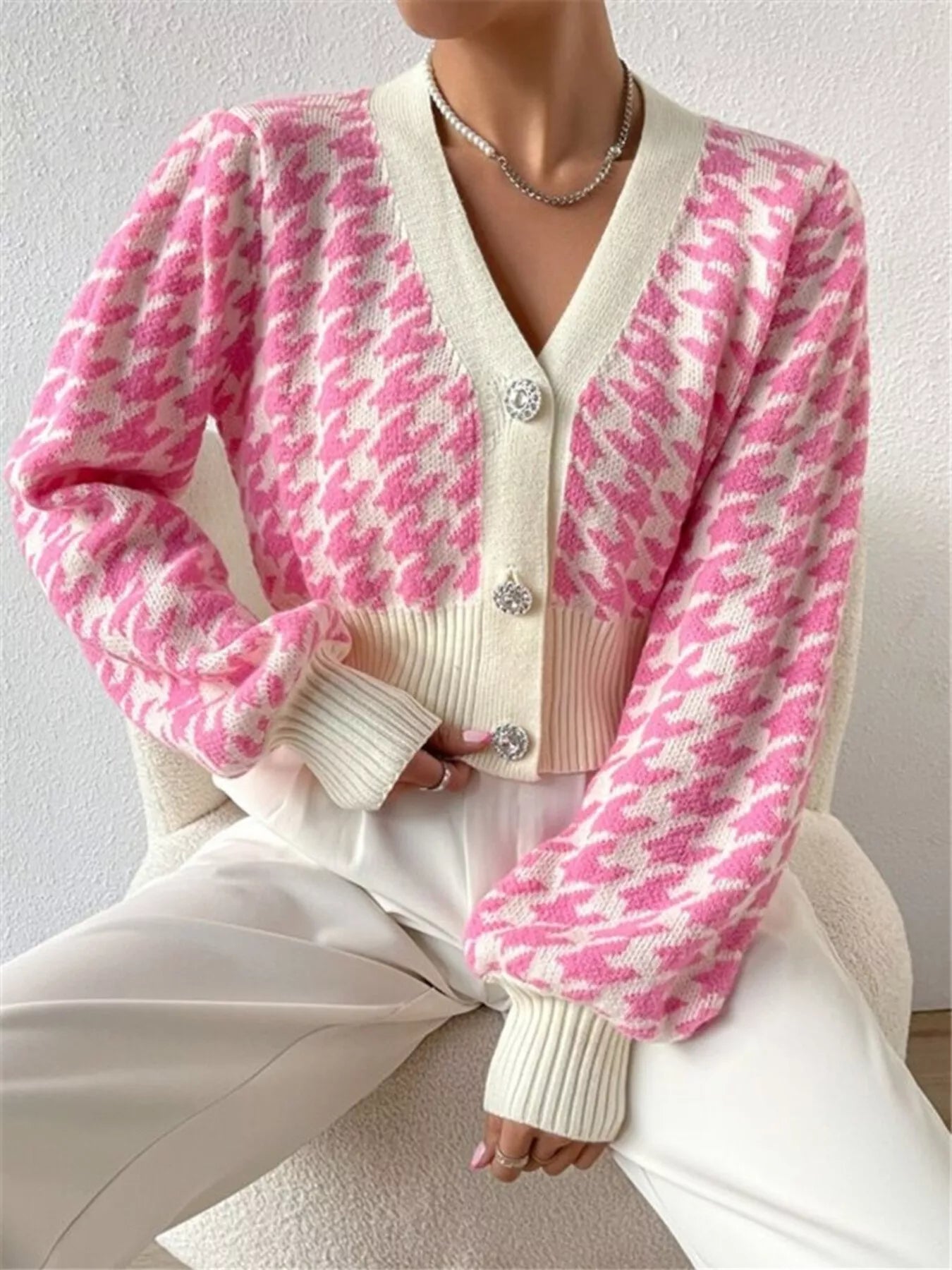 Houndstooth V-Neck Button Up Cardigan Dusty Pink