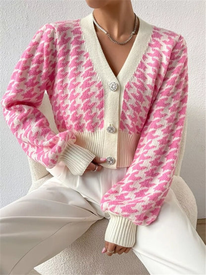 Houndstooth V-Neck Button Up Cardigan Dusty Pink