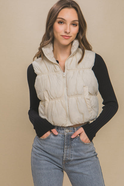Love Tree Zip Up Turtleneck Cropped Vest Coat Cream