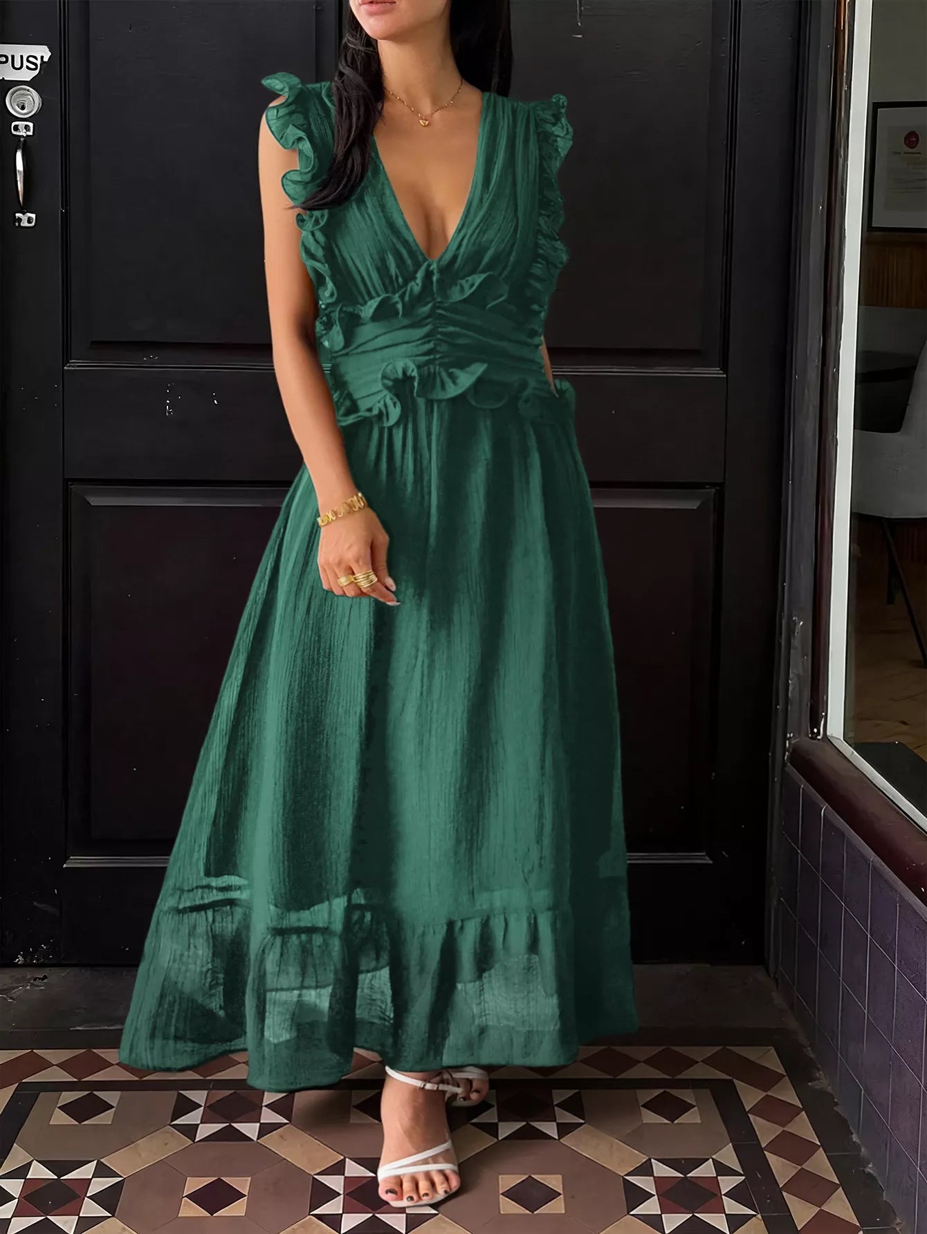 Ruffle Trim Deep V-Neck Maxi Dress