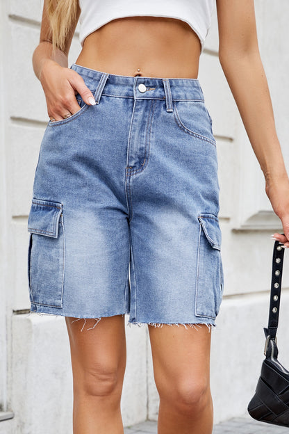 Raw Hem Washed Denim Shorts with Cargo Pockets