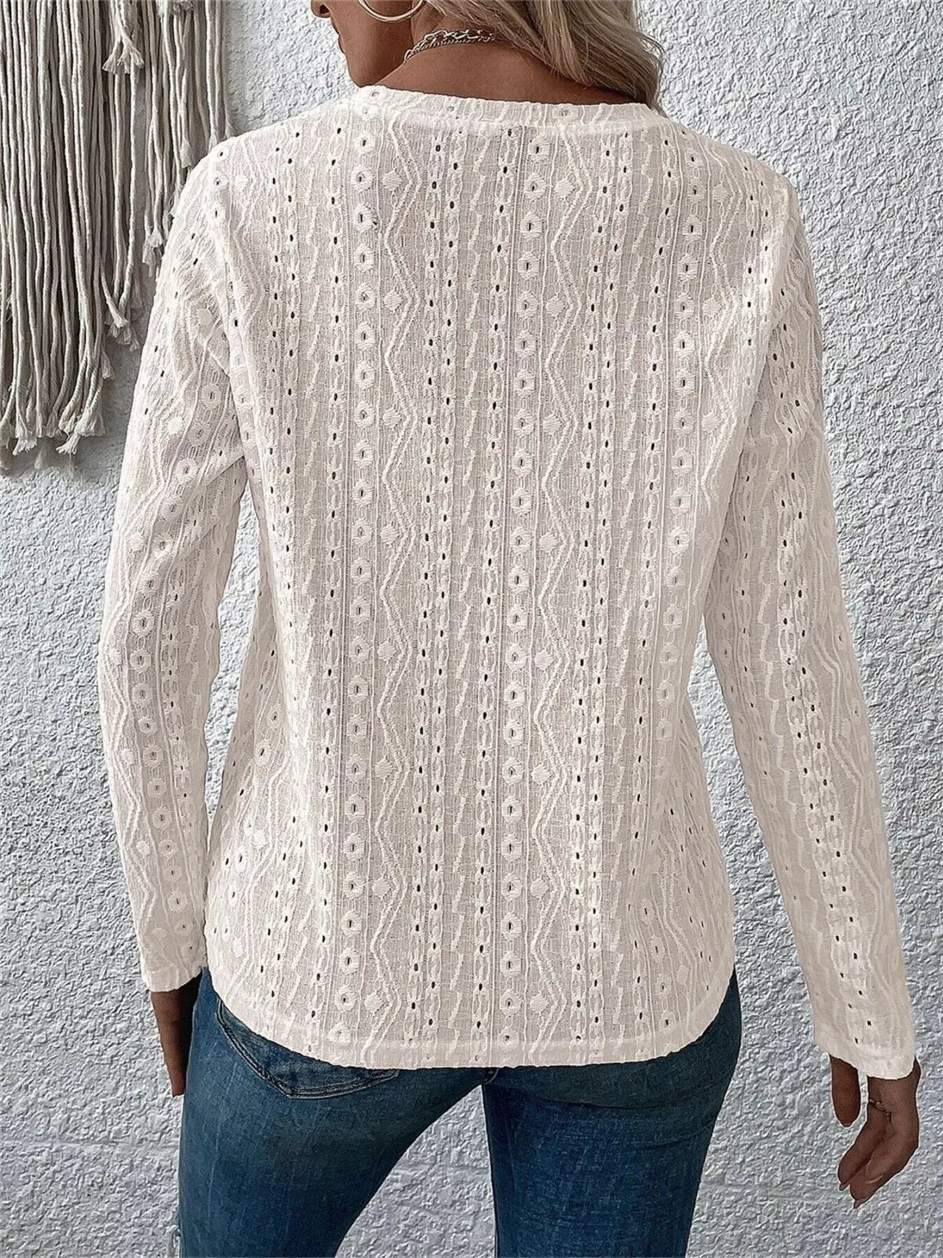 Full Size Eyelet Round Neck Long Sleeve Blouse Plus Size
