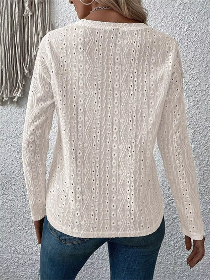 Full Size Eyelet Round Neck Long Sleeve Blouse Plus Size
