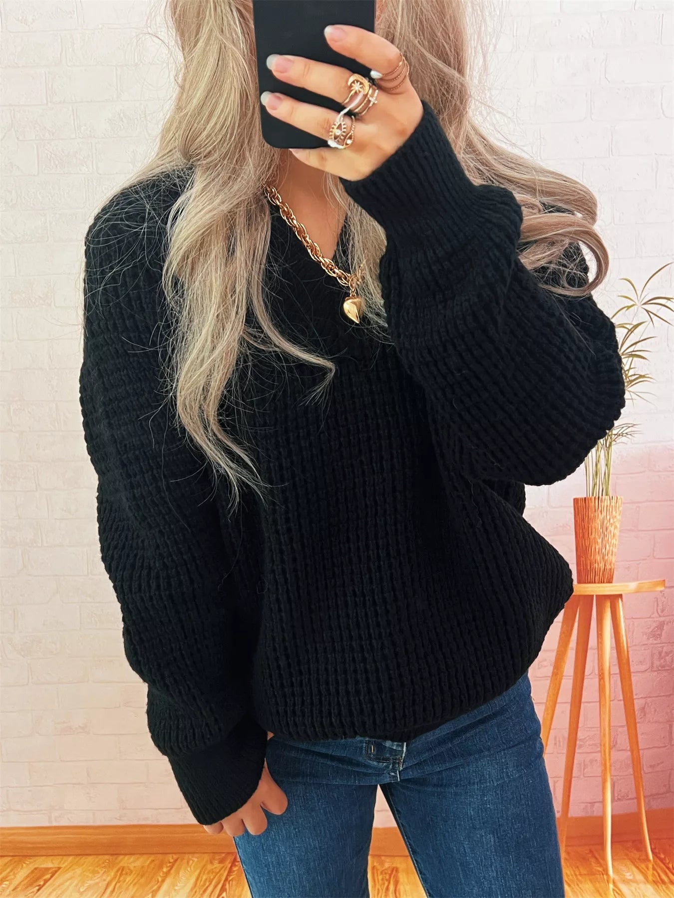 V-Neck Textured Knit Sweater Black One Size