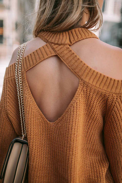 Back To School Sweater - Cutout Back Cold Shoulder Long Sleeve Sweater