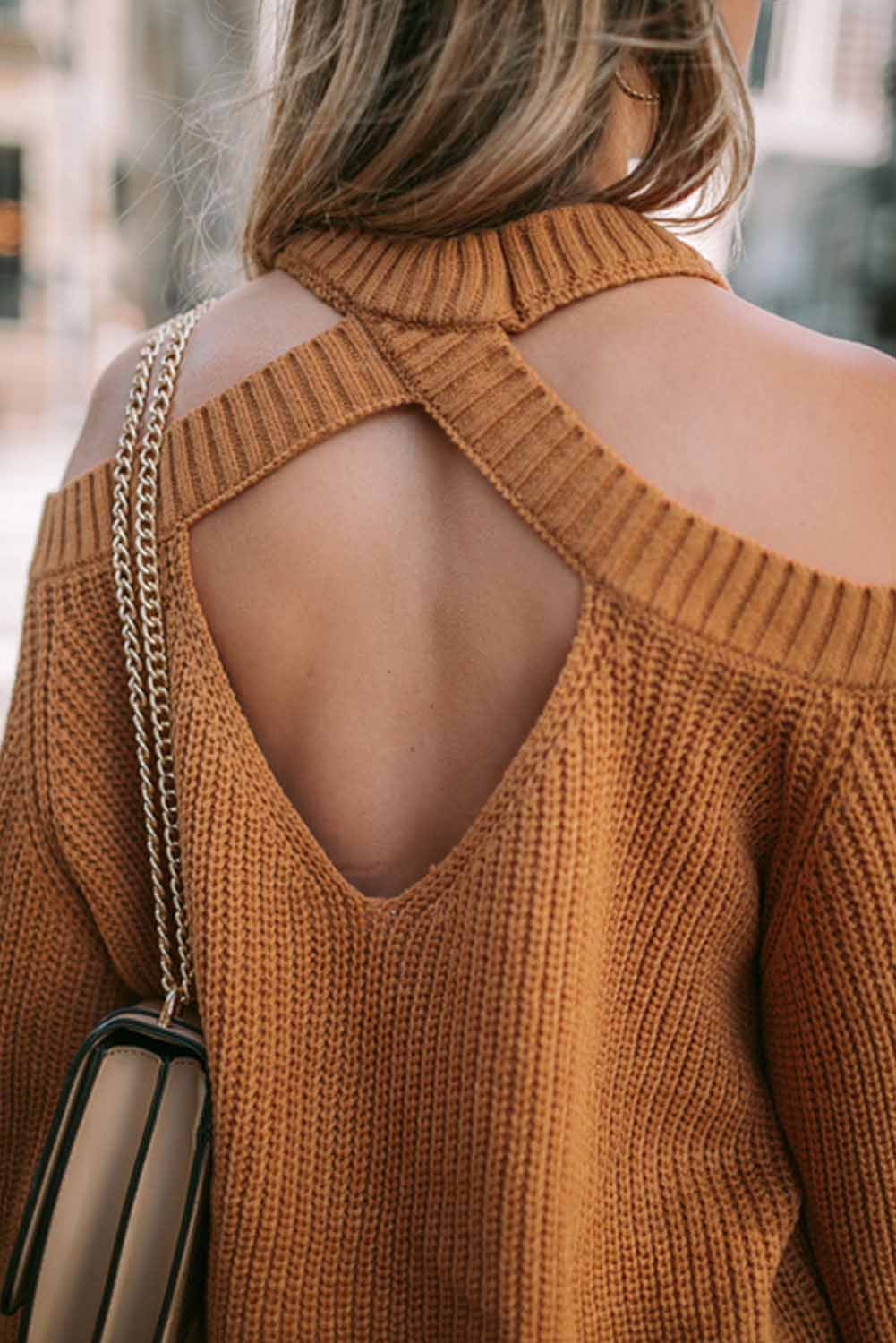 Back To School Sweater - Cutout Back Cold Shoulder Long Sleeve Sweater