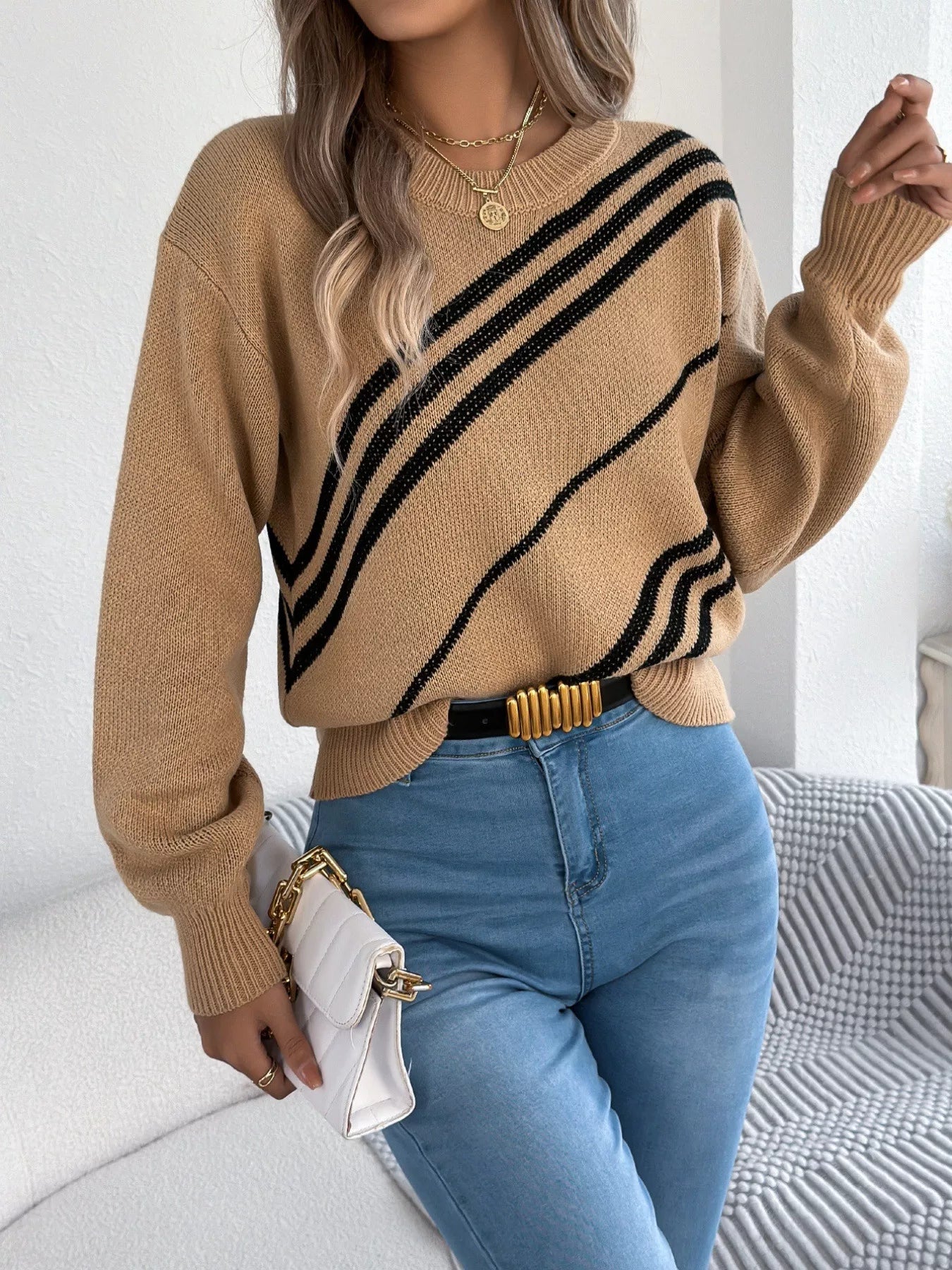 Striped Pattern Casual Round Neck Sweater Khaki