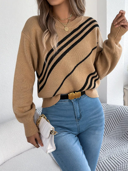 Striped Pattern Casual Round Neck Sweater Khaki