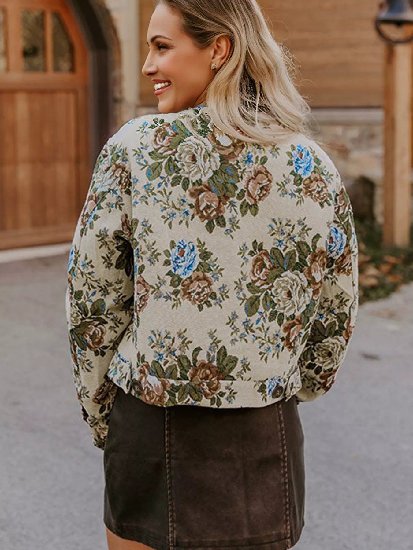 Floral Print Zip Up Contrast Collared Jacket