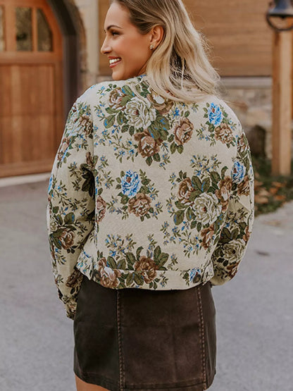Floral Print Zip Up Contrast Collared Jacket