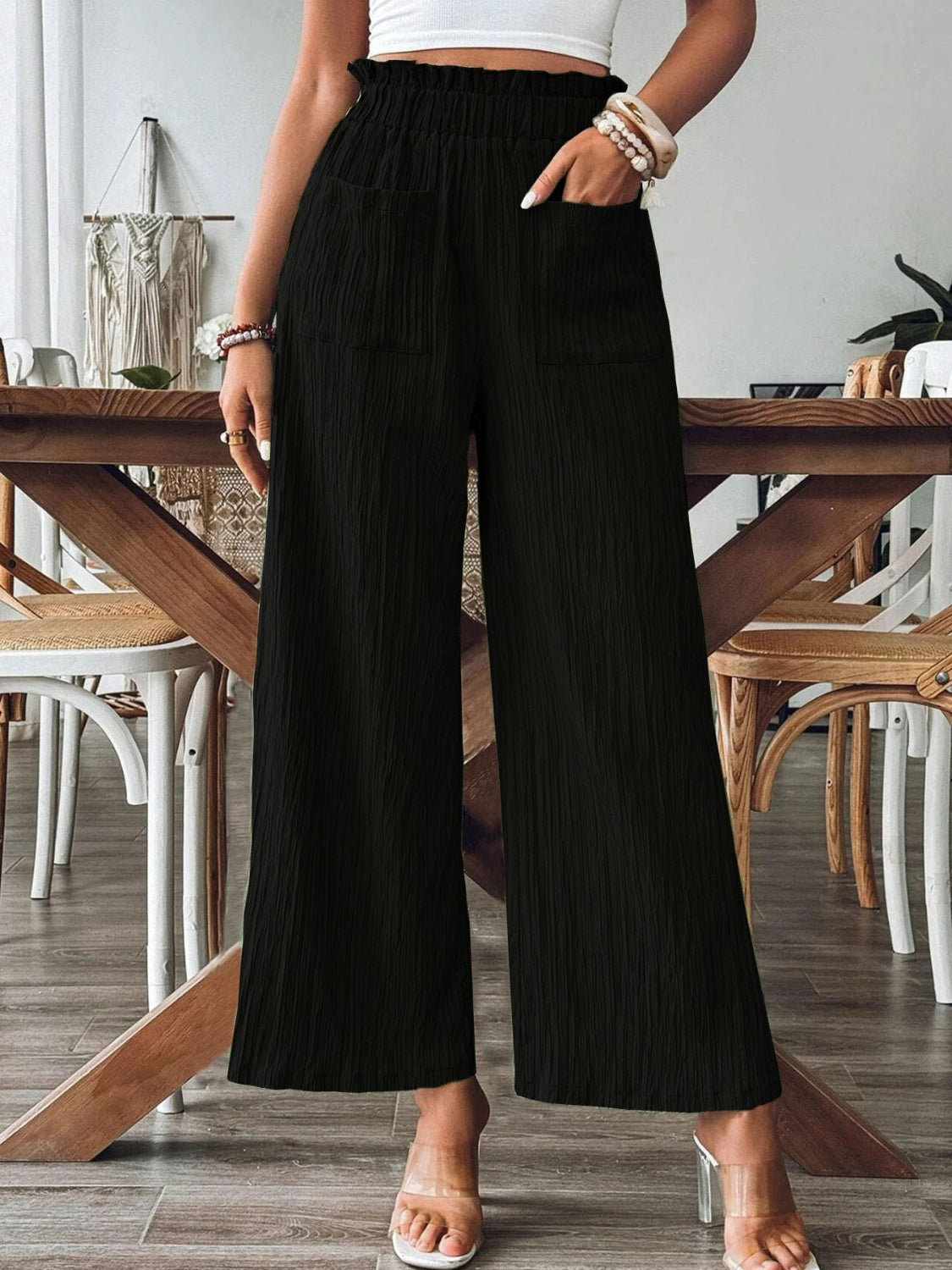 Frill Wide Leg Pants Black