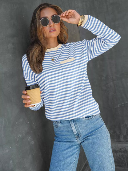 Striped Long Sleeve Sweater with Contrast Ribbed Trim Blue Tan